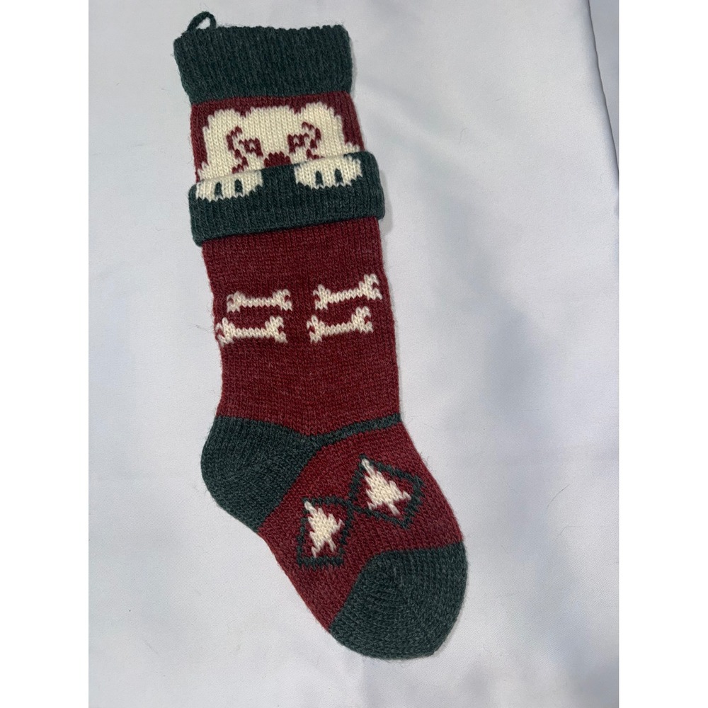 Handmade Wool Knit Christmas Stocking Dog Bone Tree Red Green Holiday Decor 18in